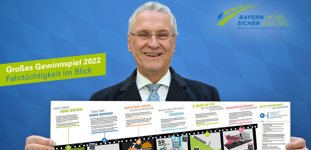 Großes Gewinnspiel 2022: Jetzt mitmachen und gewinnen! - © Sebastian Widmann / StMI Innenminister Joachim Herrmann hält Gewinnspielflyer