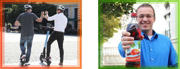Negativ- und Positivbeispielmotiv zum Thema Alkoholgenuss bei E-Scooterfahrern.