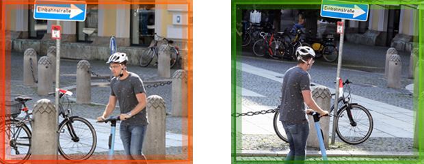Negativ- und Positivbeispielmotive zum Thema E-Scooterfahren.