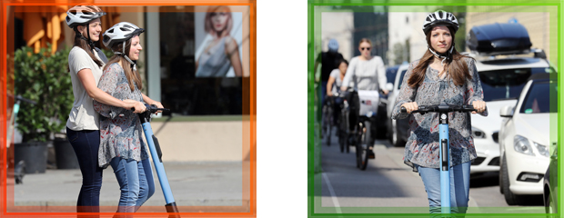 Negativ- und Positivbeispielmotiv zum Thema E-Scooterfahrer.