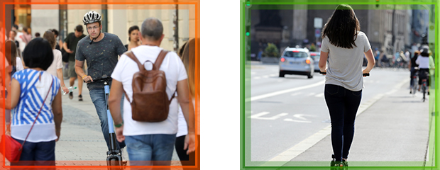 Negativ- und Positivbeispielmotiv zum Thema Verkehrsflächen für E-Scooterfahrer.
